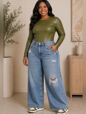 Ivy Park Adidas Olive Green Faux Leather Long Sleeve Bodysuit (3XL)